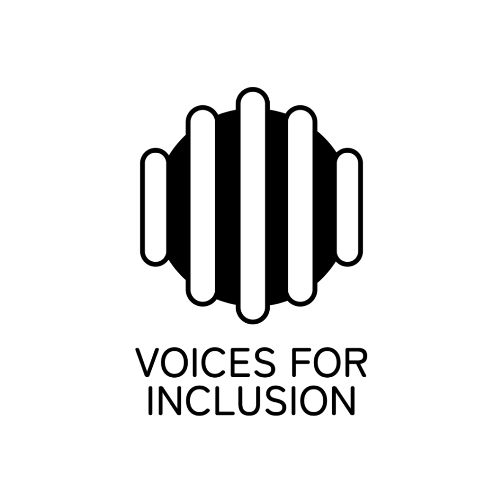 Achromatic VOICES_EU logo in white on a black background, featuring vertical elements symbolizing voices and inclusion.