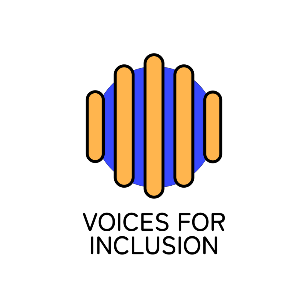 Full-colour circular VOICES_EU logo with orange vertical elements on a blue background, symbolizing voices, inclusion, and advocacy.