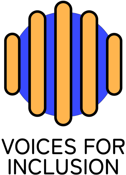 Full-colour circular VOICES_EU logo with orange vertical elements on a blue background, symbolizing voices, inclusion, and advocacy.