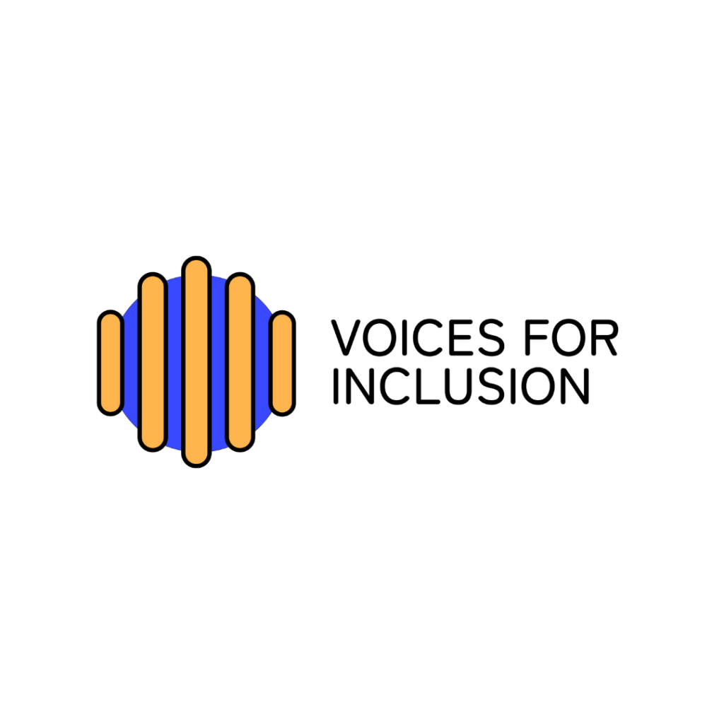Full-colour horizontal VOICES_EU logo with a blue circle and orange vertical elements next to the text “Voices for Inclusion.”
