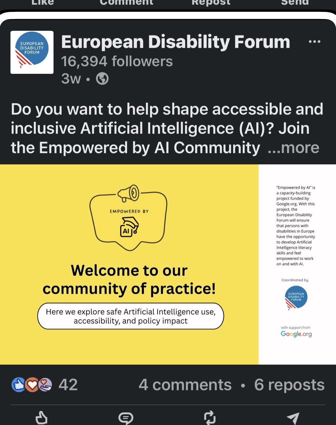 A social media graphic from the European Disability Forum promoting the “Empowered by AI” community. The layout includes the EDF logo, a short invitation to join the community, and a yellow illustrated banner with a megaphone and graduation cap. Text highlights that the initiative supports accessible and inclusive use of AI for persons with disabilities. Engagement icons show reactions, comments, and reposts.