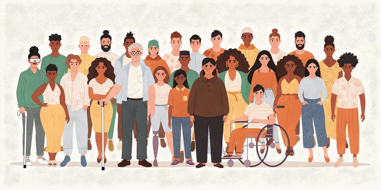 A modern, minimalist illustration of a diverse group of 27 people standing closely together against a light grey background, conveying a sense of community and inclusion. The group features individuals with various styles and assistive devices, including a person holding a white cane on the left, an older man with glasses leaning on a cane in the center-left, a young person with a leg prosthesis behind him, and a young man in a manual wheelchair on the right. The artwork uses a warm, earthy color palette of terracotta, ochre yellow, muted greens, and denim blue.