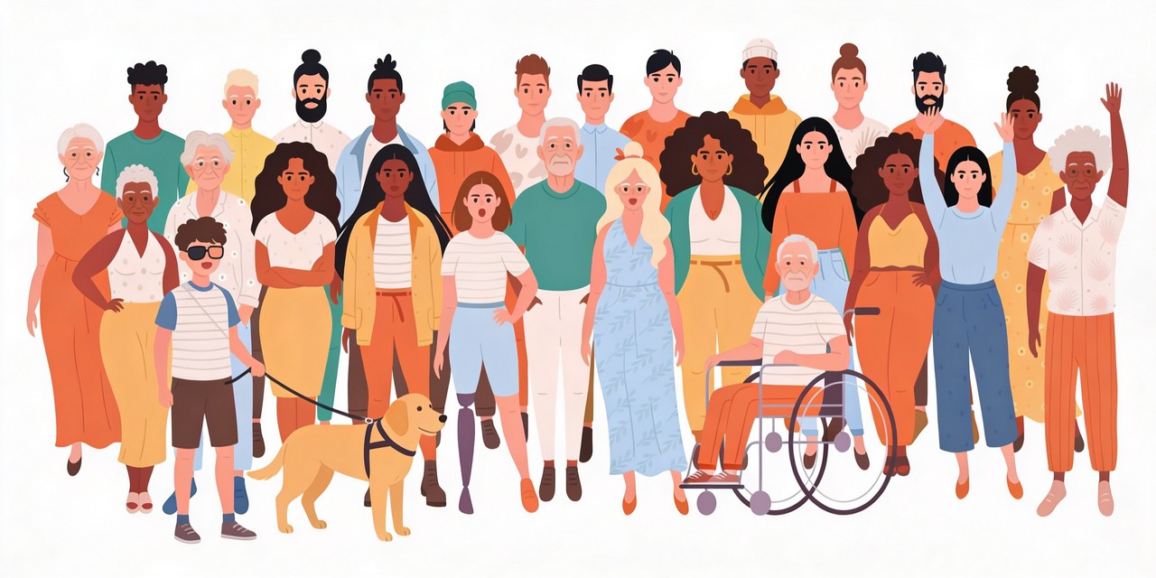 A flat vector illustration of a close-knit group of 27 diverse people standing together against a solid white background, symbolizing inclusion and community. The group includes individuals of various ages and abilities, notably featuring a boy with a guide dog on the left, a woman with a dark grey prosthetic leg in the center-left, and a man in a manual wheelchair on the right. The artwork uses a vibrant yet warm color palette dominated by terracotta, orange, ochre yellow, and soft blues.