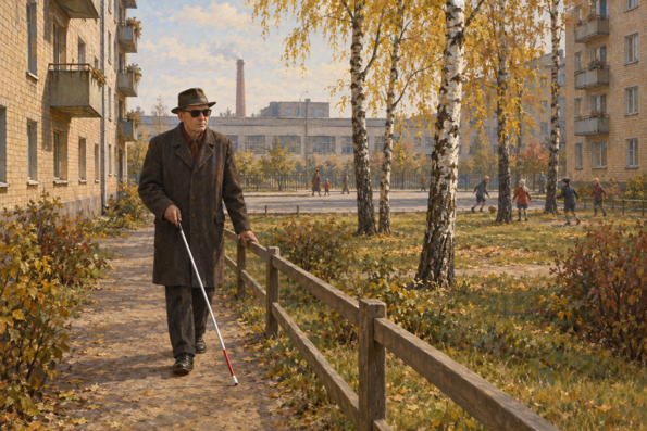 Painted, AI-generated scene of an older man walking along a path between brick apartment blocks and a factory. He holds a cane in one hand and follows a low fence with the other. Birch trees and children playing football are in the background.